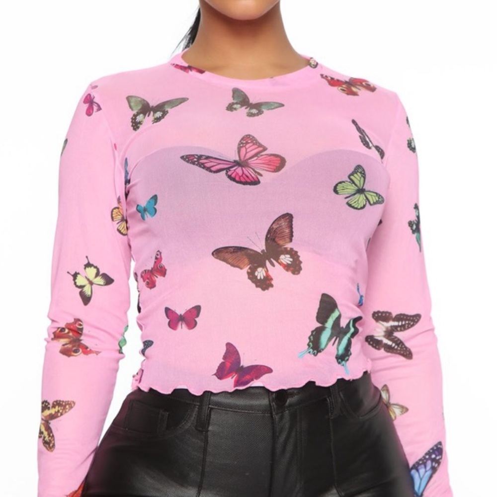Pink Butterfly Mesh Longsleeve Top